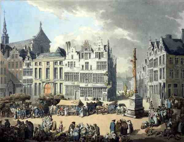 Place de Mier v Antverpách, ryté Wrightem a Schutzem, hospoda. od Rudolfa Ackermanna od Thomas Rowlandson
