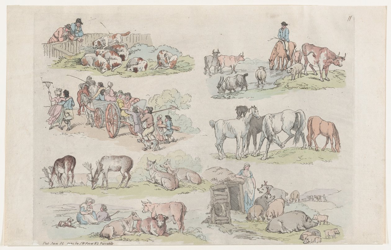 Deska 11, Obrysy obrazců, krajiny a dobytka...pro použití studentů..., 31. ledna 1791. od Thomas Rowlandson