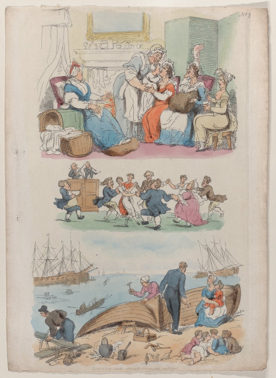 Talíř 4: Návštěva vleže, kulatý tanec, z World in Miniature, 1816., 1816. od Thomas Rowlandson