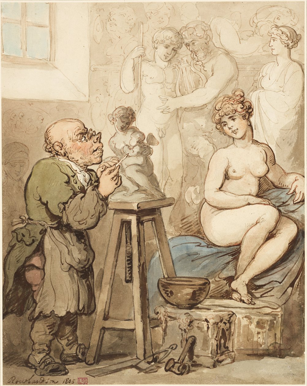 Příprava na Akademii — Starý Joseph Nollekens a jeho Venuše od Thomas Rowlandson
