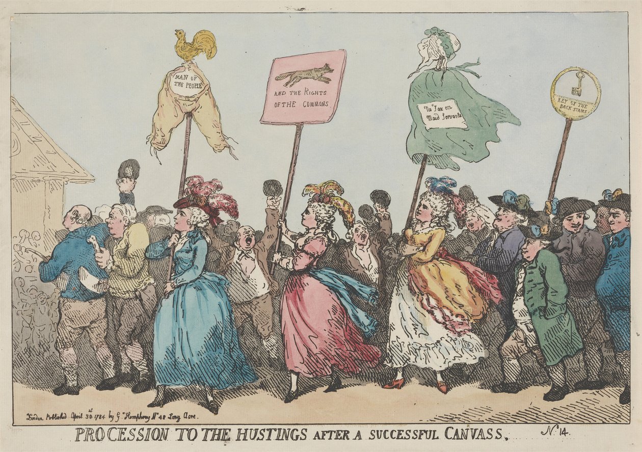 Průvod k volebnímu pódiu po úspěšné předvolební kampani od Thomas Rowlandson