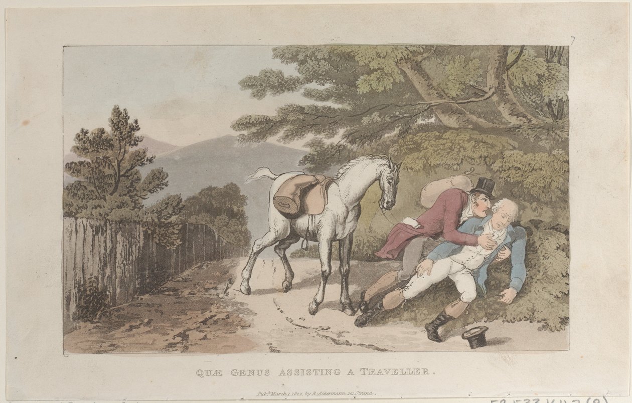 Quae Genus Assisting a Traveler, z Historie Johnny Quae Genus, The Litt..., 1. března 1822. od Thomas Rowlandson