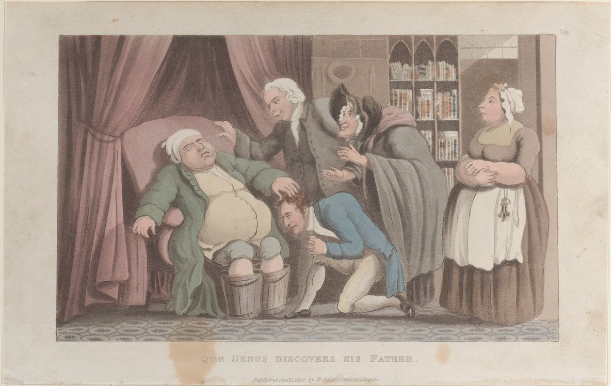Quae Genus objevuje svého otce, z Historie Johnny Quae Genus, The Li..., 1. ledna 1822. od Thomas Rowlandson