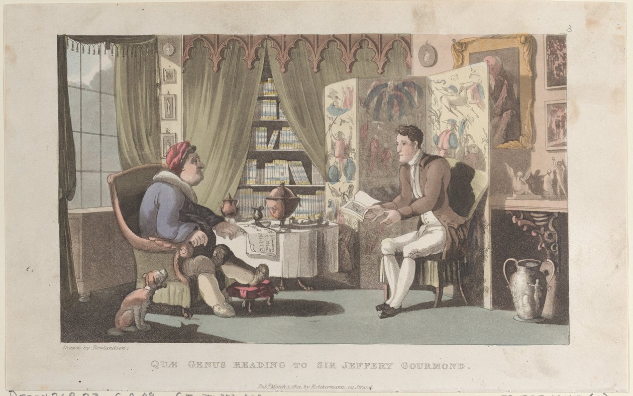 Quae Genus Reading to Sir Jeffery Gourmand, from The History of Johnny Quae Genu..., 1. března 1822. od Thomas Rowlandson