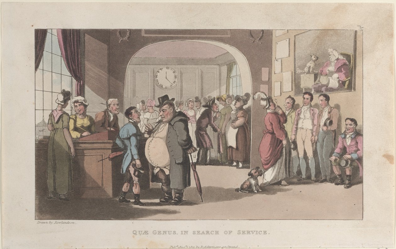Quae Genus in Search of Service, z Historie Johnnyho Quae Genus, The Lit..., 1. srpna 1821. od Thomas Rowlandson