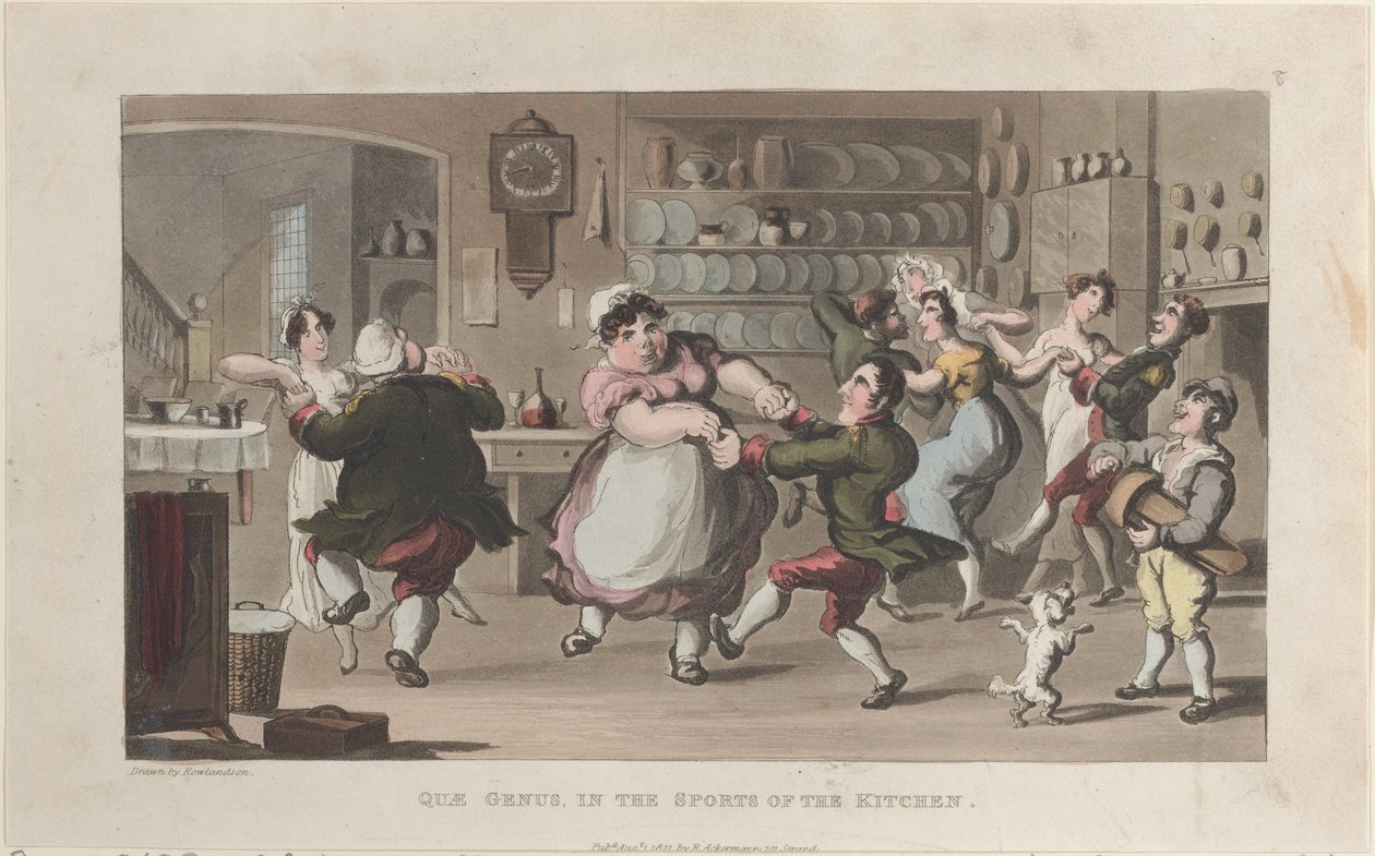 Quae Genus, in the Sports of the Kitchen, z Historie Johnny Quae Genus..., 1. srpna 1821. od Thomas Rowlandson