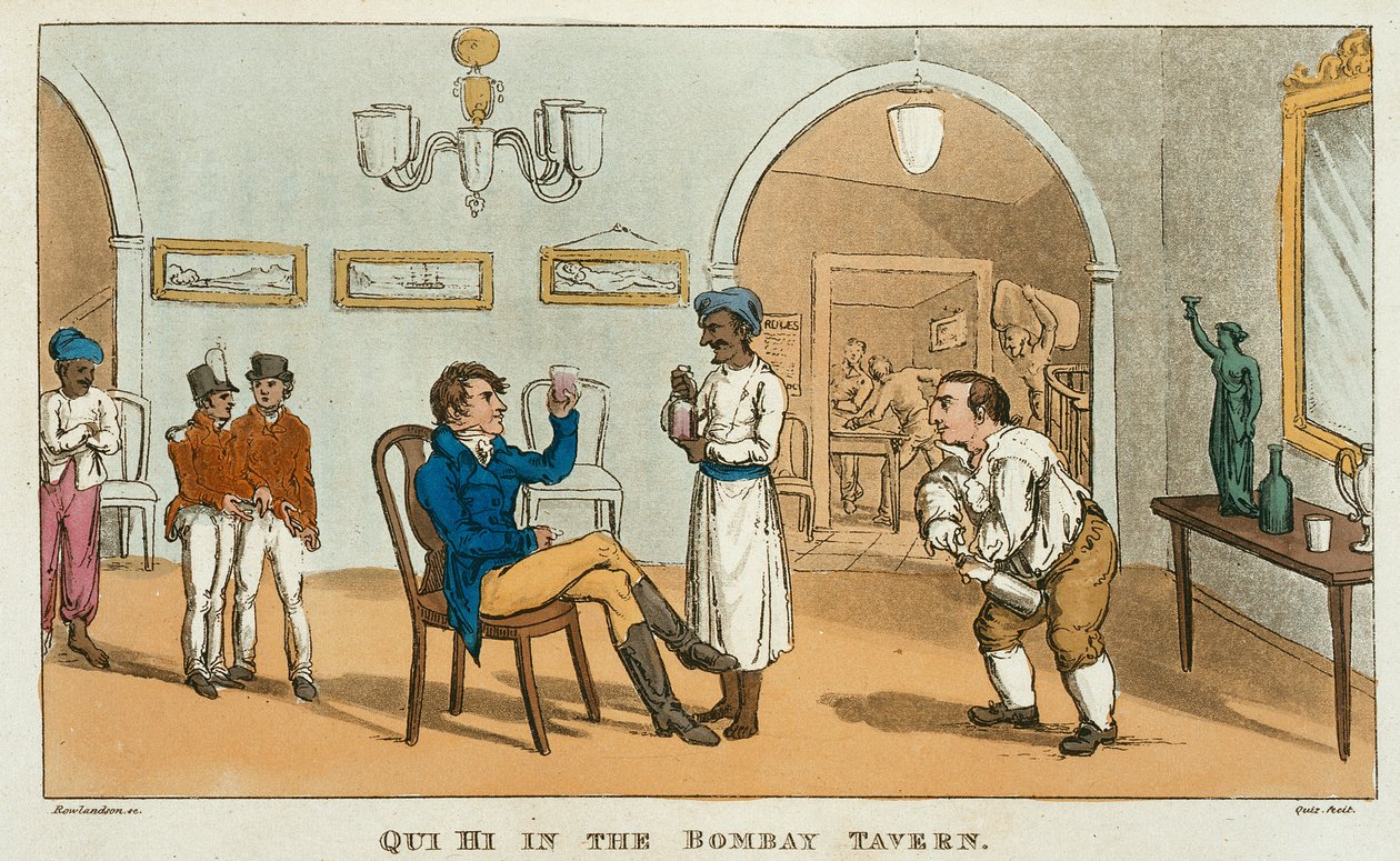 Qui Hi v Bombay Tavern z filmu The Grand Master nebo Adventures of Qui Hi in Hindostan. A Hudibras Poem in Eight Cantos by Quiz