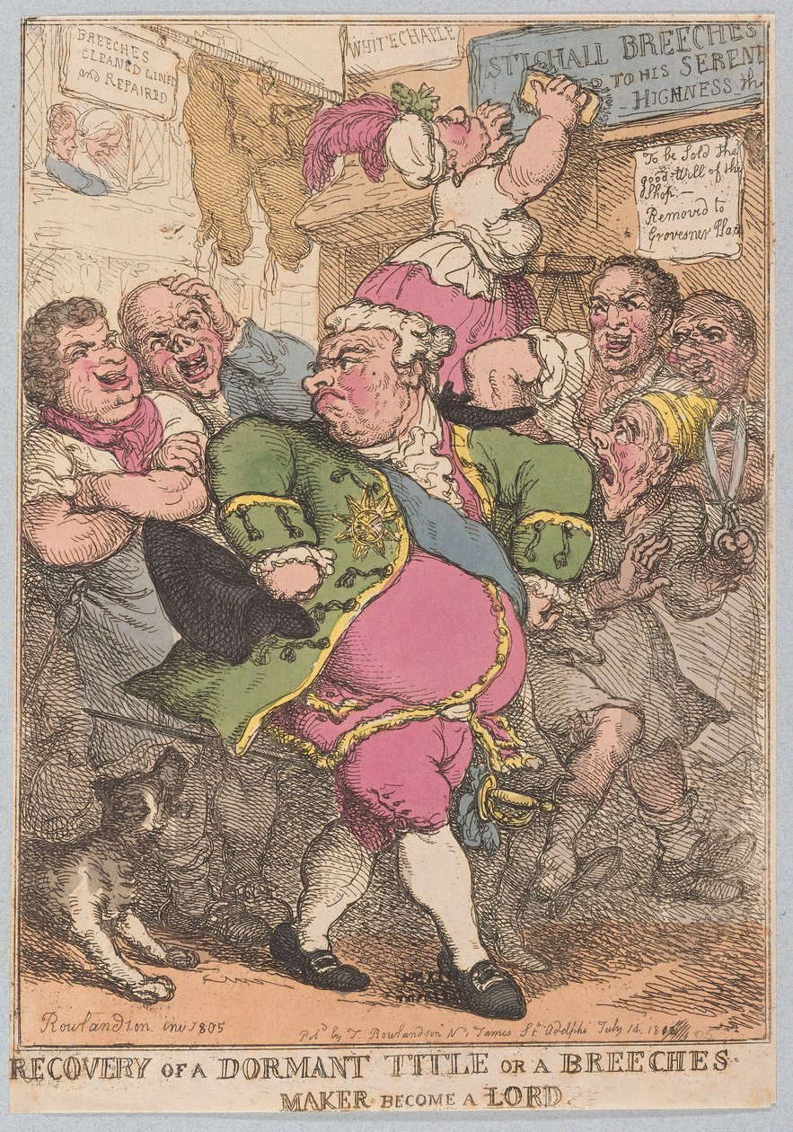 Obnovení Dormant Title nebo Breeches Maker staňte se Lordem, hospodě. 1805 (ručně kolorovaná rytina) od Thomas Rowlandson