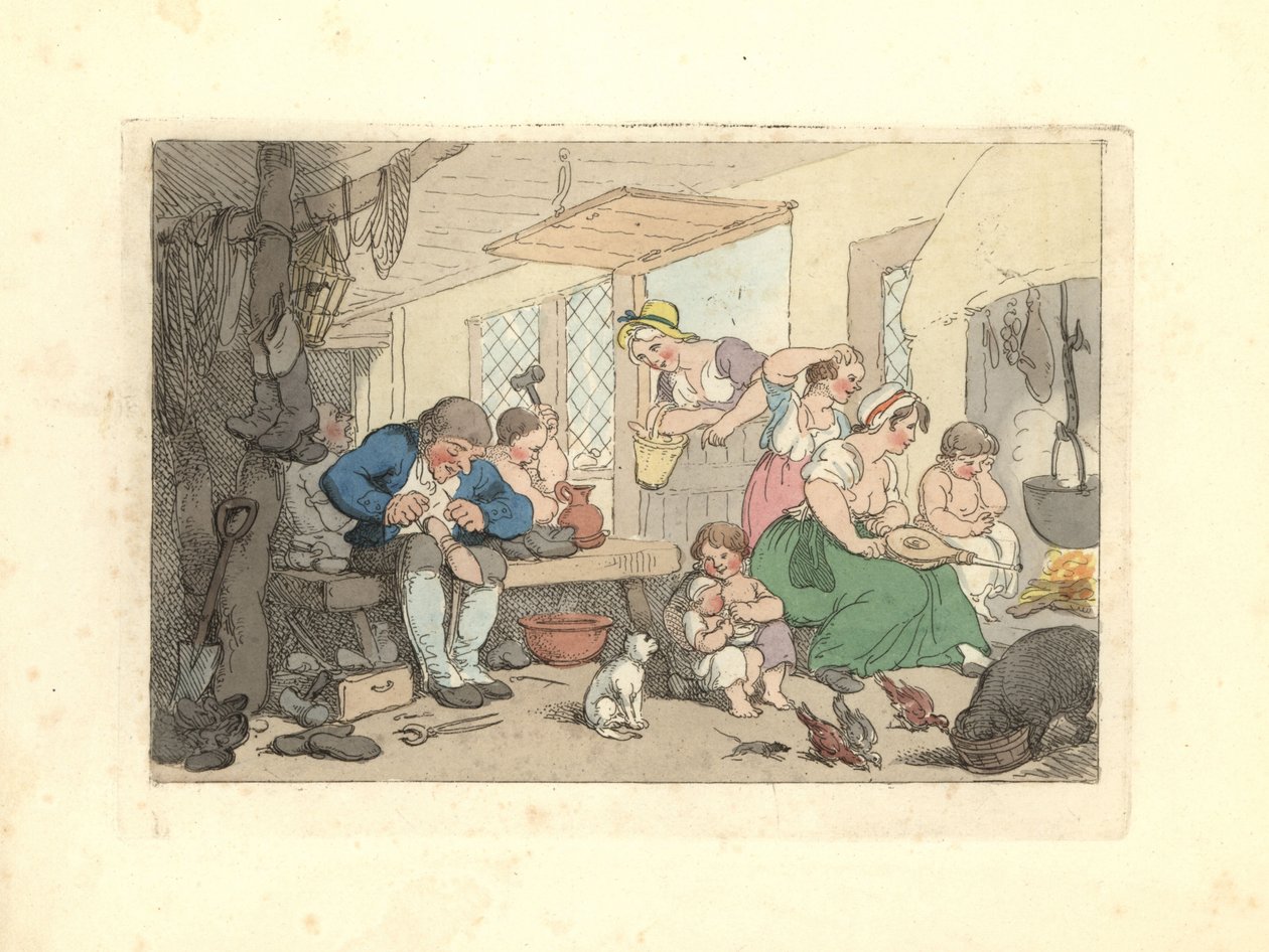 Regency švec opravuje boty v přeplněné místnosti. od Thomas Rowlandson