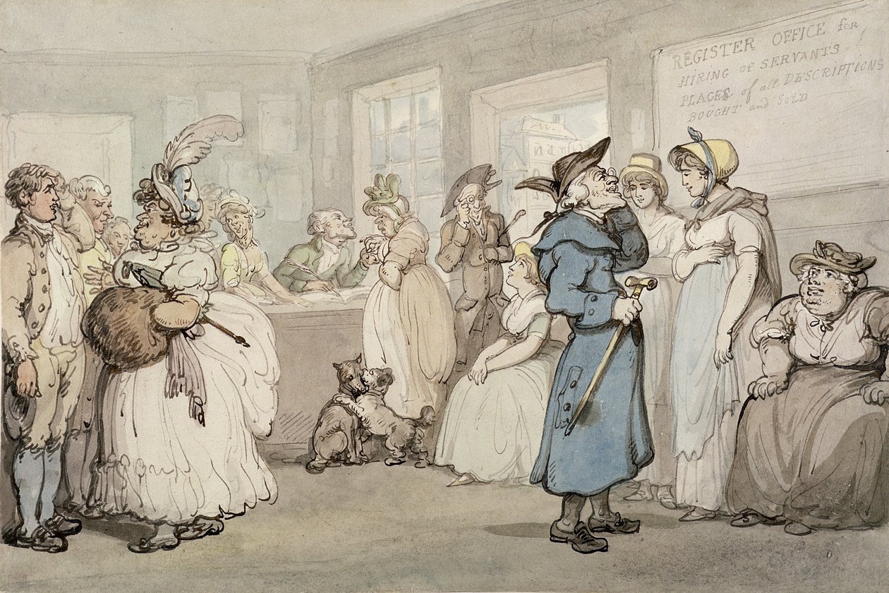 Registrační úřad pro najímání sluhů, cca 1805 (pero a inkoust s akvarelem na papíře) od Thomas Rowlandson