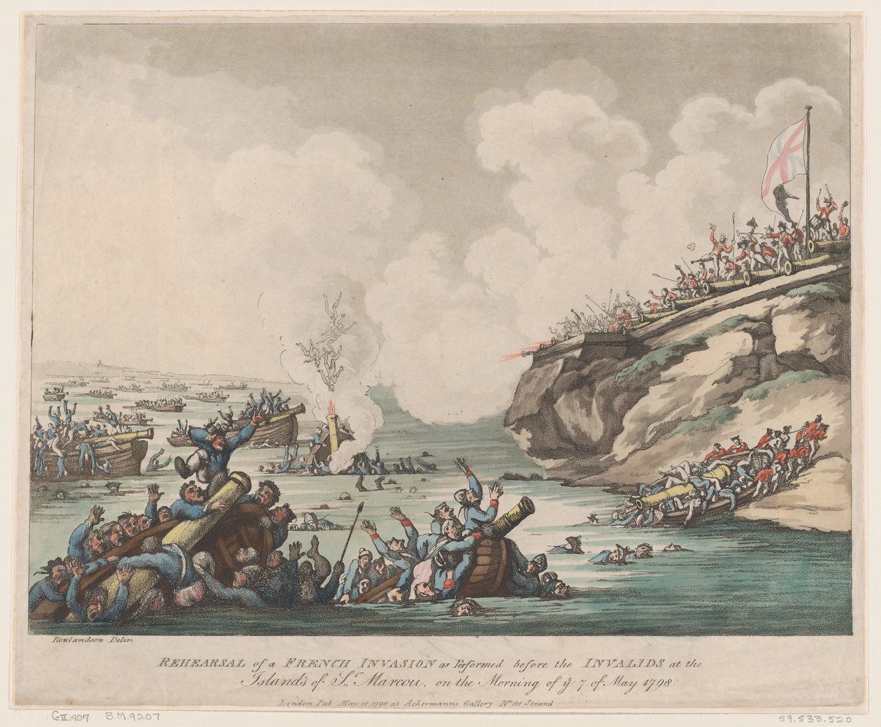 Zkouška francouzské invaze, jak byla provedena před invalidy na ostrovech ..., 18. května 1798. od Thomas Rowlandson