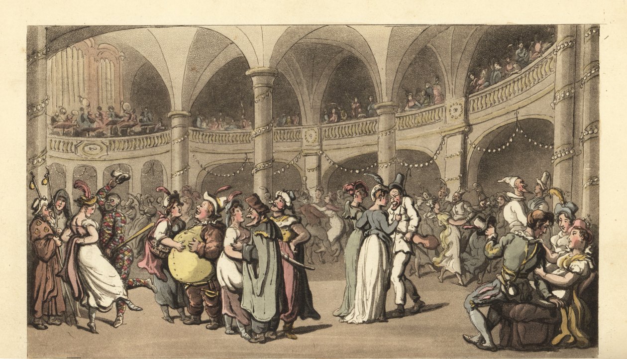 Veselí v kostýmech na maškarním plese ve velkém divadle od Thomas Rowlandson