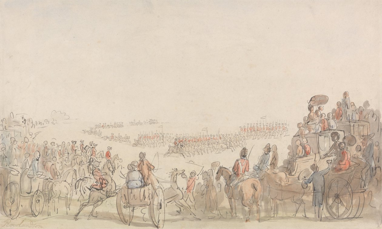 Recenze skupiny Light Horse Volunteers na Wimbledon Common od Thomas Rowlandson