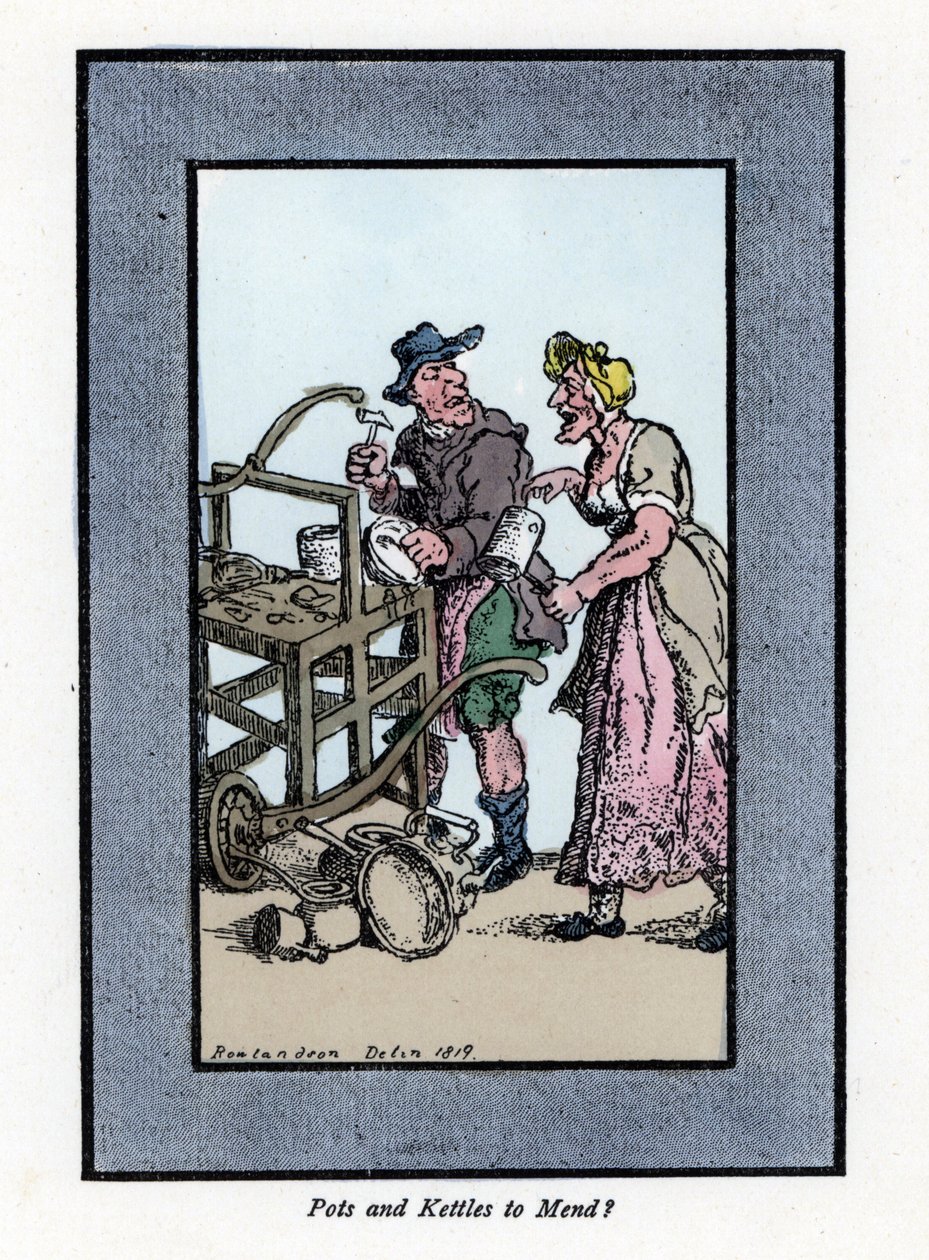 Roaming a klient retamer ukazující dno hrnce. Na přenosné lavici udeří kladivem do kovového hrnce. Dřevoryt podle malby Thomase Rowlandsona (1756-1827), publikované v The Cris of London: se šesti okouzlujícími dětmi a téměř 40 lety od Thomas Rowlandson