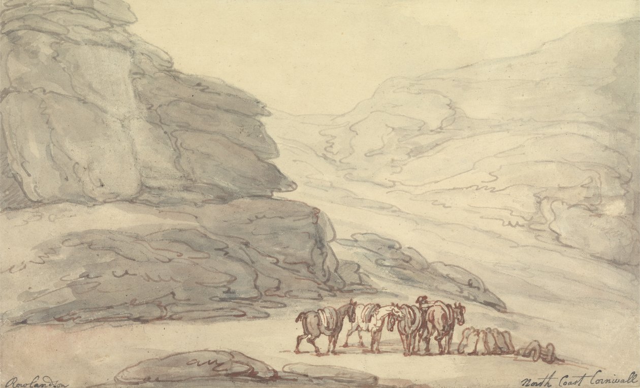 Skalnatá scéna na severním pobřeží, Cornwall (pero a inkoust a akvarel na papíře) od Thomas Rowlandson