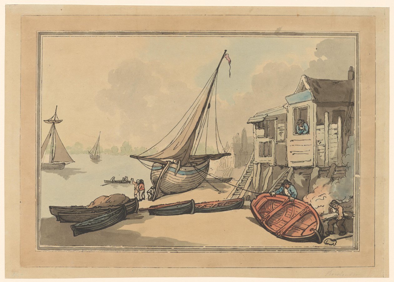Veslice a plachetnice na břehu od Thomas Rowlandson
