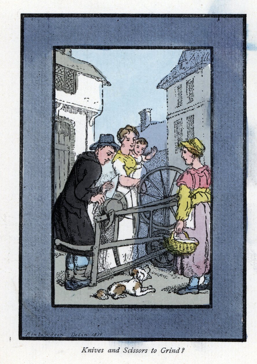 Brusič brousící nůž na brusném kotouči se svými klienty (1819). Dřevoryt podle obrazu Thomase Rowlandsona (1756-1827), publikovaný v The Cris of London: se šesti okouzlujícími dětmi a téměř 40 ilustracemi, Andrew Tuer, Fiel od Thomas Rowlandson