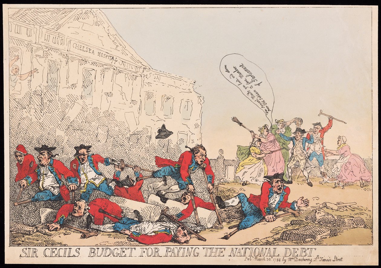 Rozpočet sira Cecila na zaplacení národního dluhu, hospoda. 1784 (ručně kolorovaná rytina) od Thomas Rowlandson