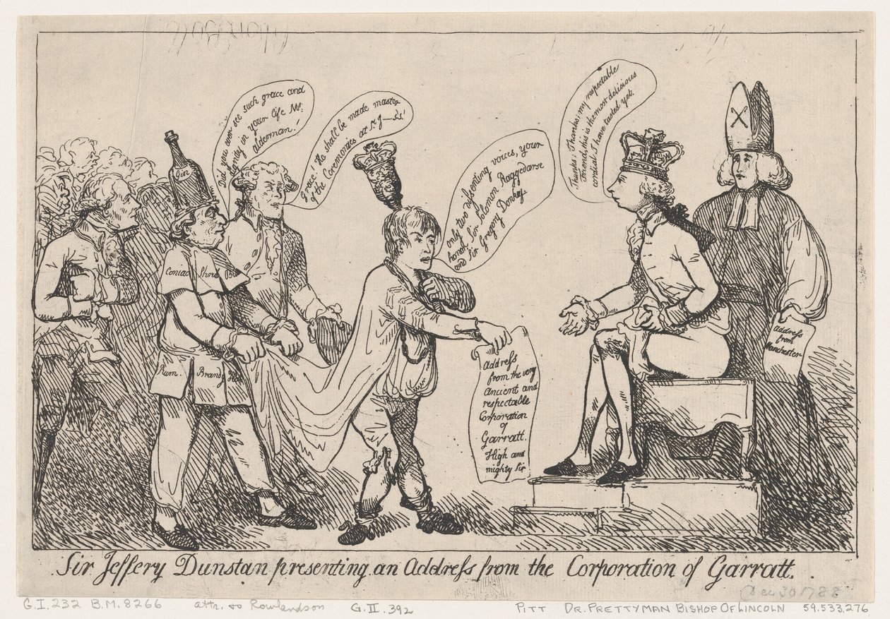 Sir Jeffery Dunstan přednáší projev jménem samosprávy města Garratt od Thomas Rowlandson