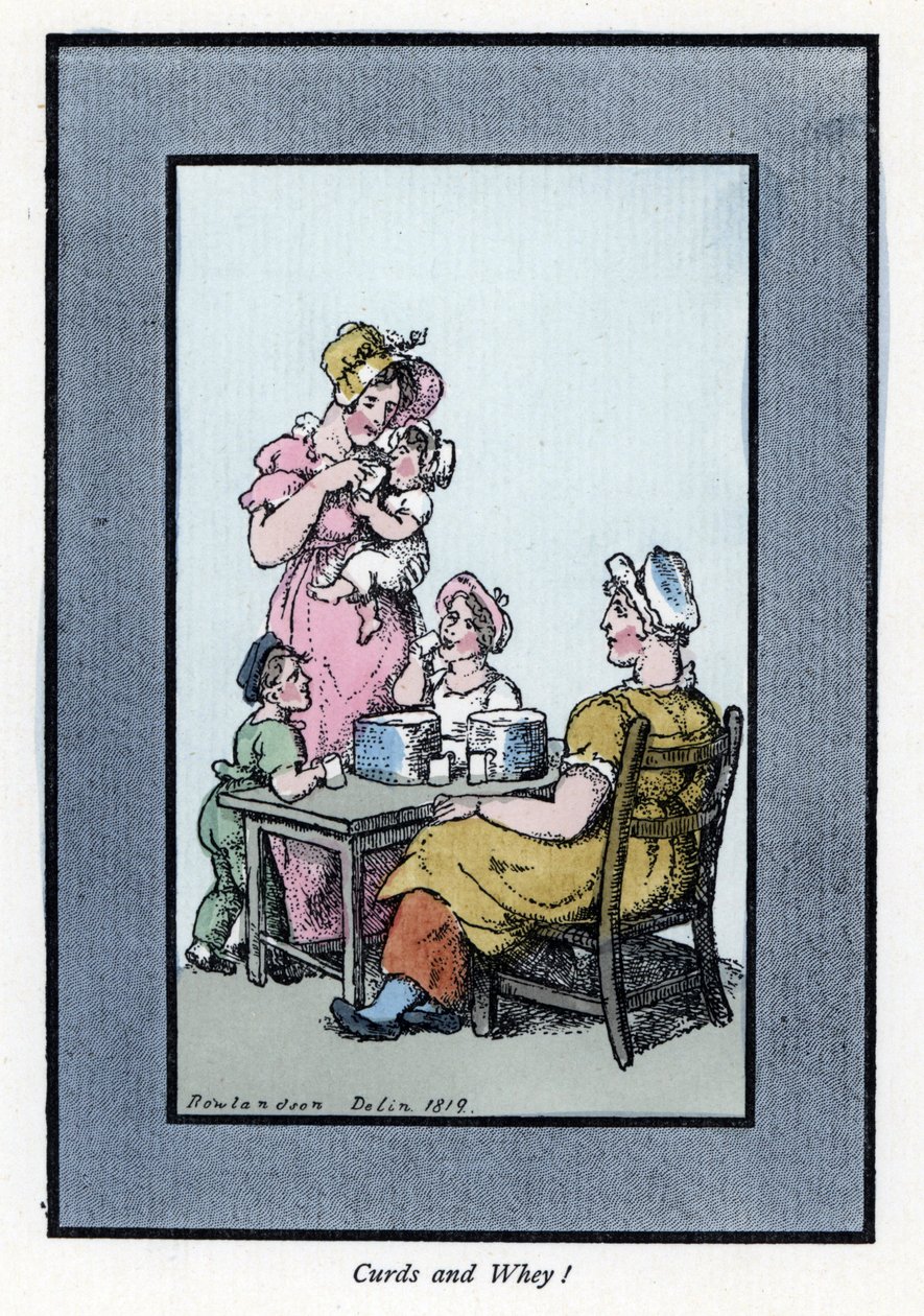 Sedící žena prodávající křepelčí mléko a mléko má matku a děti (1819). Dřevoryt podle malby Thomase Rowlandsona (1756-1827), publikované v The Cris of London: se šesti okouzlujícími dětmi a téměř 40 ilustracemi, Andrew Tuer, Field od Thomas Rowlandson