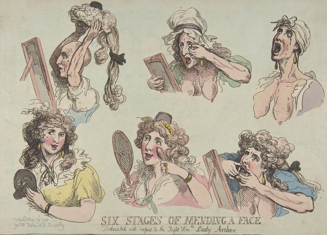 Šest fází opravování obličeje, věnované s ohledem na pravého Hon-ble. Lady Ar..., 29. května 1792. od Thomas Rowlandson