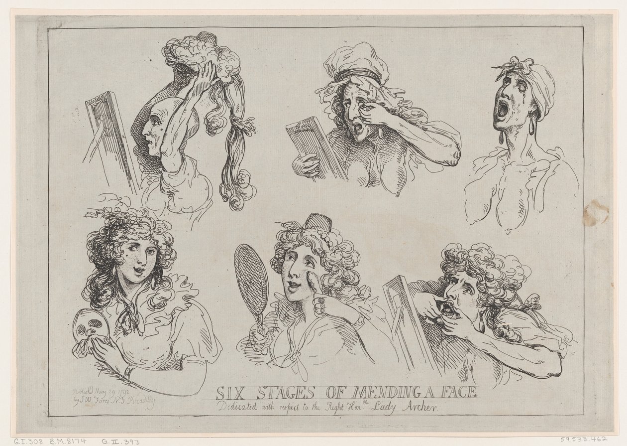 Šest fází opravování obličeje, věnované s ohledem na pravého Hon-ble. Lady Ar..., 29. května 1792. od Thomas Rowlandson