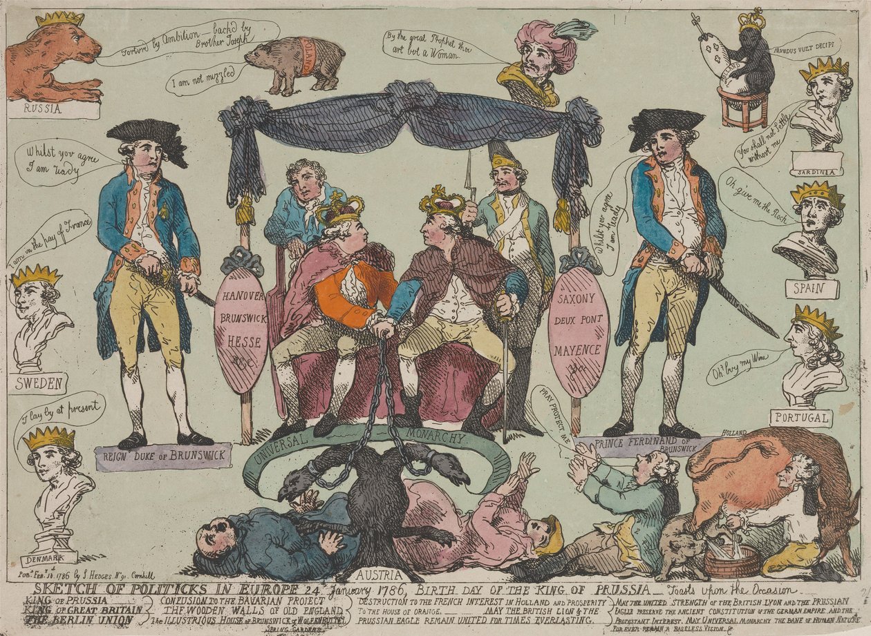 Náčrt politického dění v Evropě, 24. ledna 1786 – Narozeniny pruského krále--- od Thomas Rowlandson