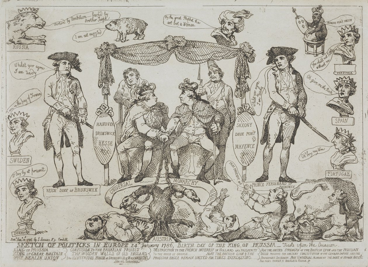 Náčrt politického dění v Evropě, 24. ledna 1786 – Narozeniny pruského krále od Thomas Rowlandson
