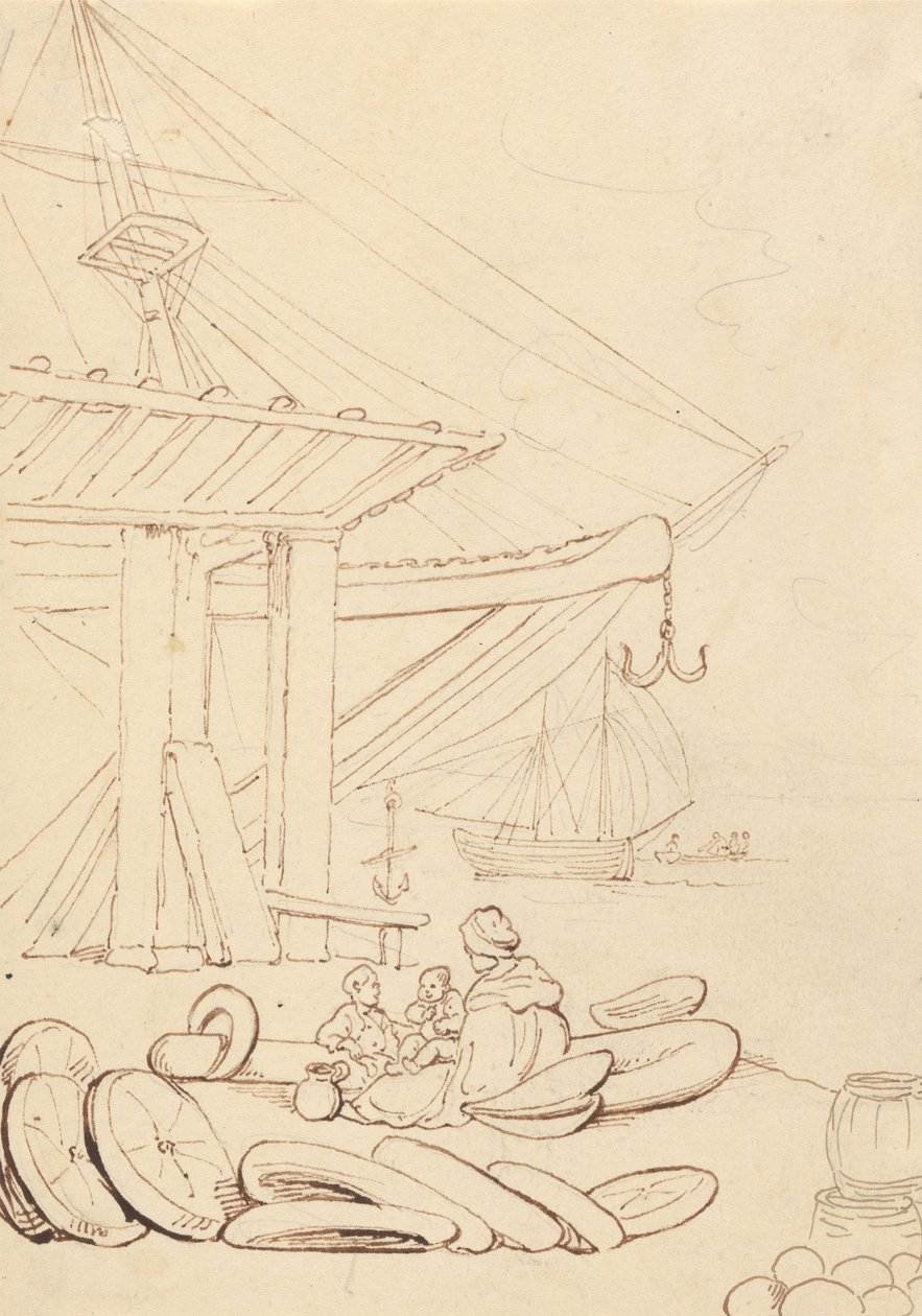 Náčrt ženy a dětí sedících na přístavním molu od Thomas Rowlandson