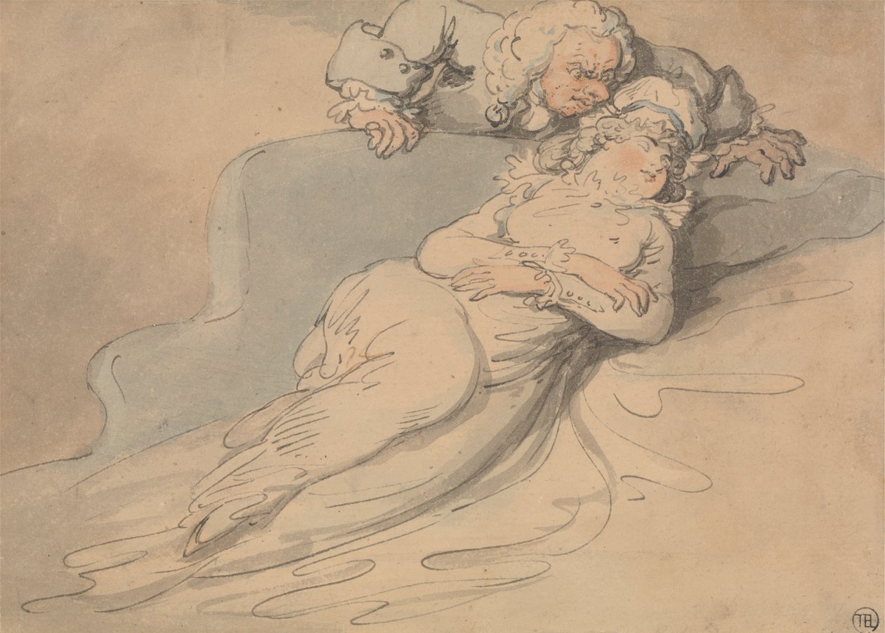 Spící žena sledovaná mužem od Thomas Rowlandson