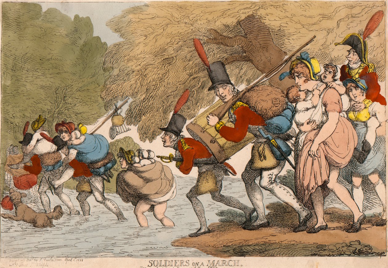 Vojáci na pochodu: „Sbalit si trosky a jít za bubnem“ od Thomas Rowlandson