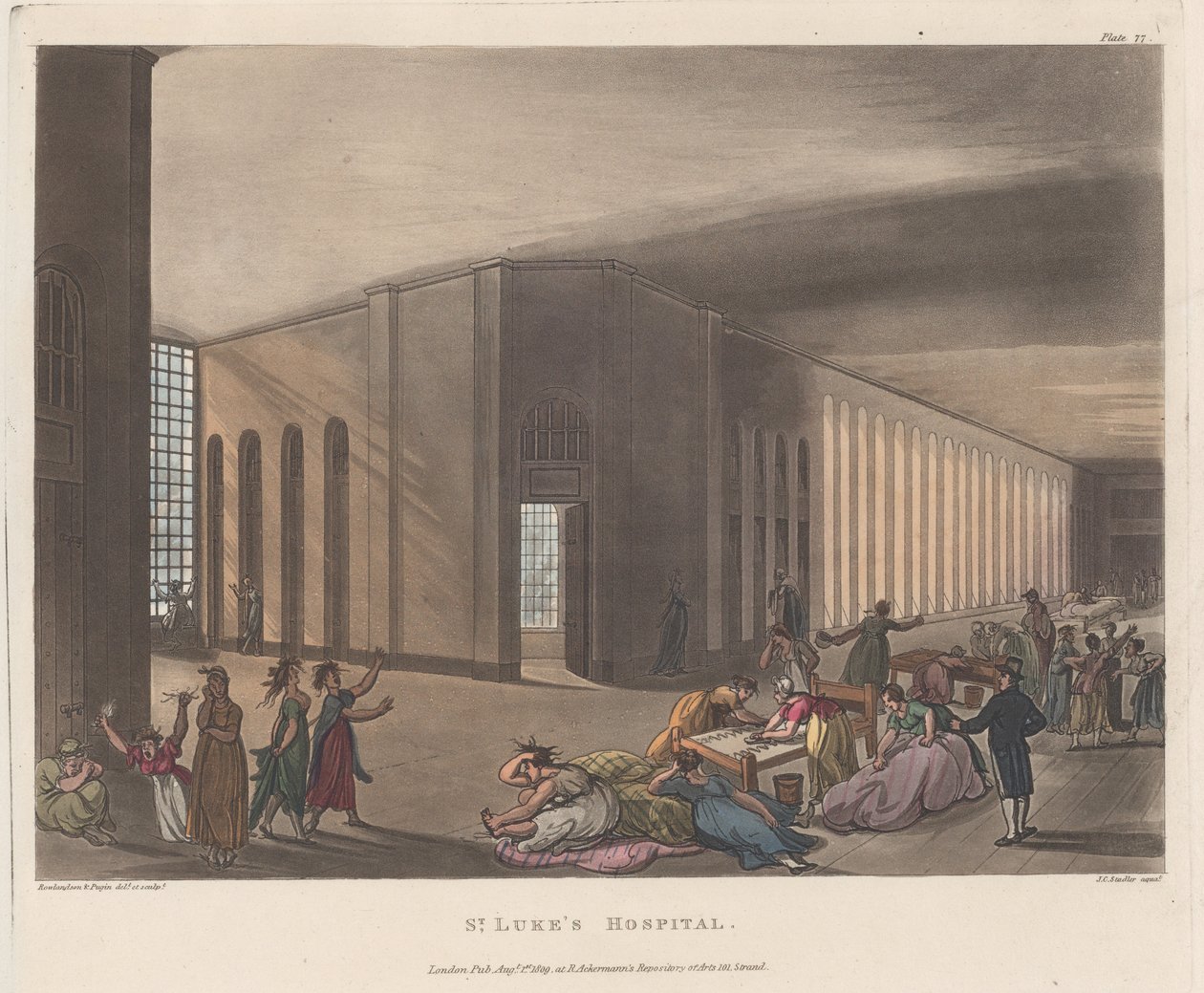 Nemocnice svatého Lukáše pro choromyslné, z Ackermannova "Mikrokosmu Londýna od Thomas Rowlandson