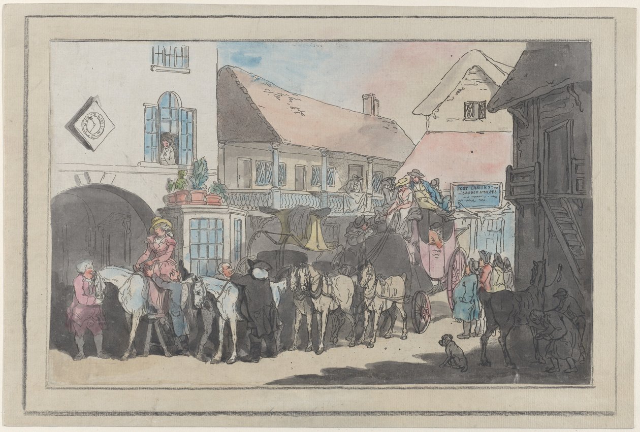 Dostavník a jezdci na dvoře hostince, příprava k odjezdu, 1789-95., 1789-95. od Thomas Rowlandson