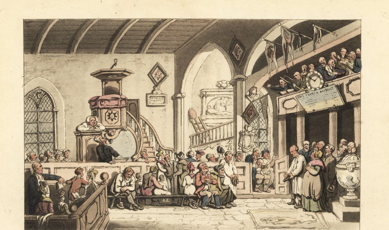 Nedělní bohoslužba ve venkovském kostele, éra regentství od Thomas Rowlandson