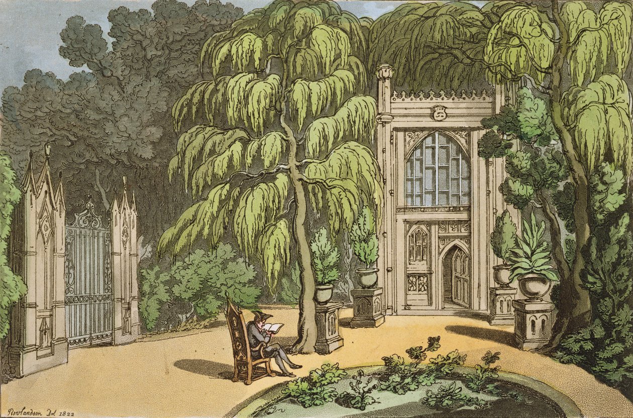 Temple at Strawberry Hill, z „Sketches from Nature“, vydané v roce 1822 (ručně kolorovaný lept) od Thomas Rowlandson