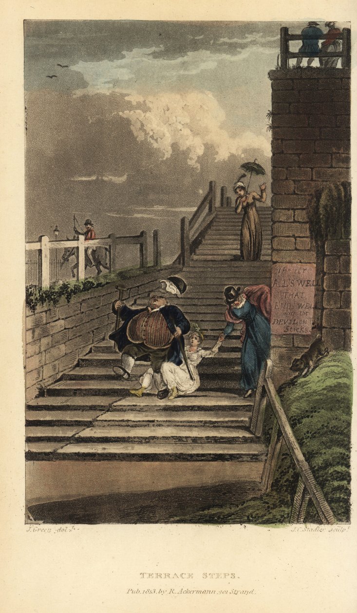 Terrace Steps: turisté sjedou po schodech Cliff Terrace. Ručně kolorovaná mědirytina Thomas Rowlandson, akvatinta J.C. Stadler, podle skici J. Greena z Poetical Sketches of Scarborough, Ackermann, Londýn od Thomas Rowlandson