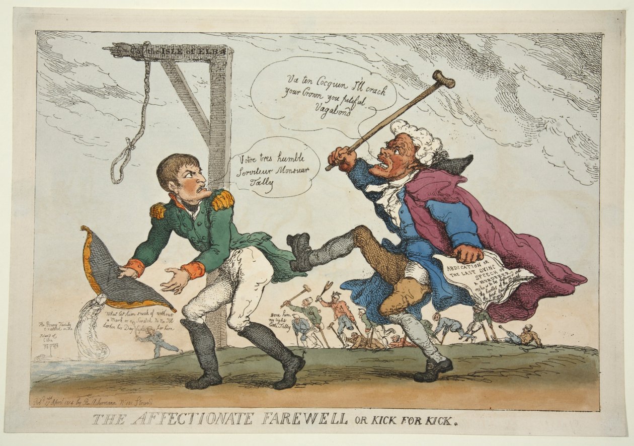 Láskyplné rozloučení aneb Kop za kop, hospoda. 1814 (ručně kolorovaná rytina) od Thomas Rowlandson