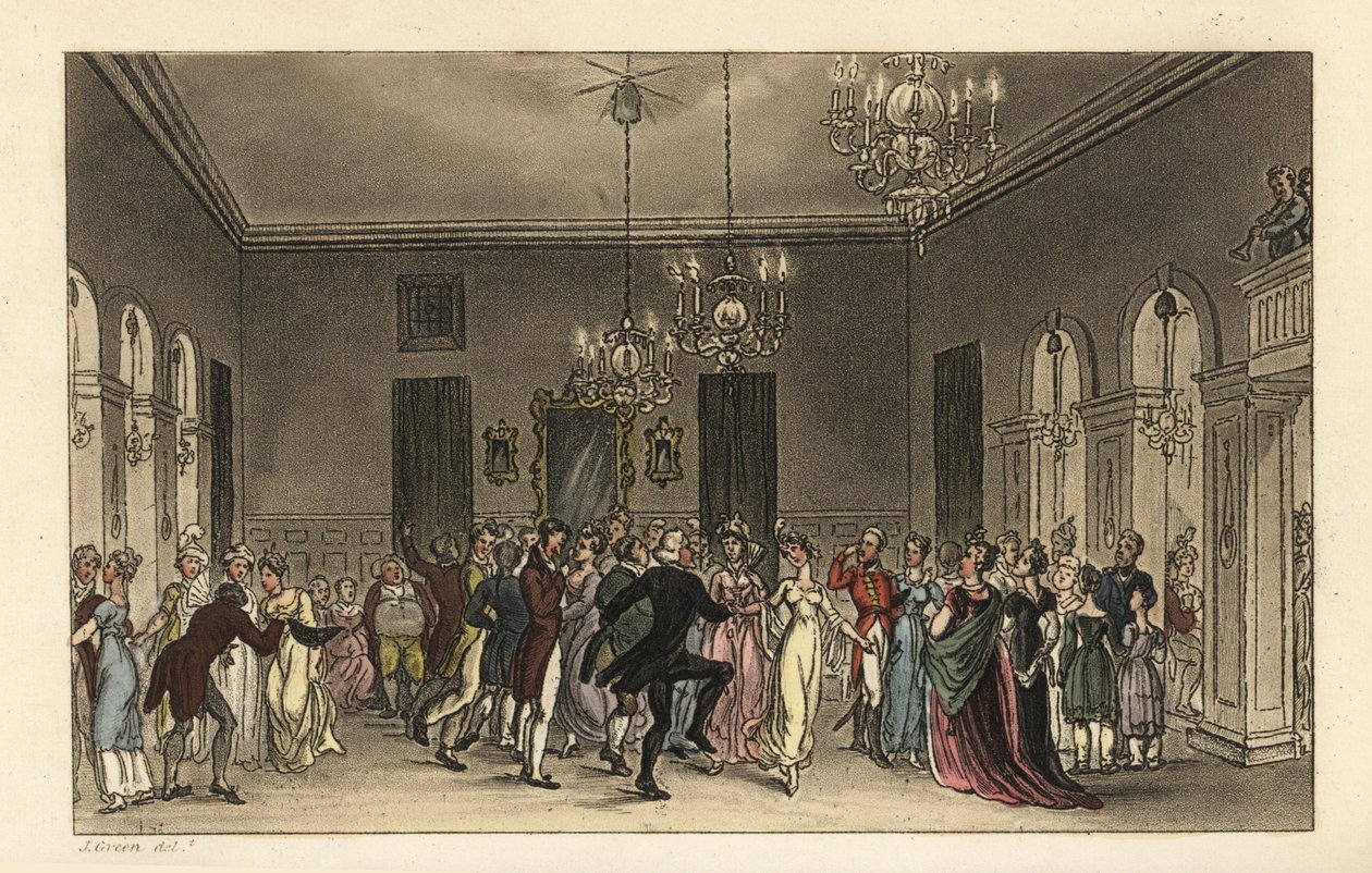 Ball Room: módní turisté tančící ve Scarborough Assembly Rooms. Každý tančící gentleman platí 2 a každá dáma, která pije čaj, platí 1 s. Ručně kolorovaná mědirytina Thomase Rowlandsona podle skici J. Greena z Poetical Sketches od Thomas Rowlandson