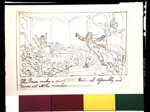 Baron přednese projev k Národnímu shromáždění a vyžene všechny členy (pero, inkoust a akvarel na papíře) od Thomas Rowlandson