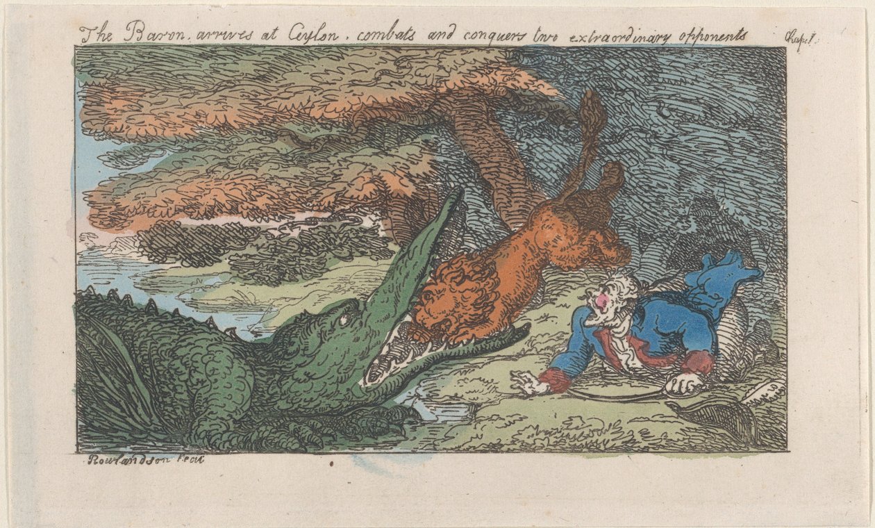 Baron přijíždí na Cejlon, bojuje a dobývá dva mimořádné protivníky..., [1809], znovu vydáno 1811. od Thomas Rowlandson