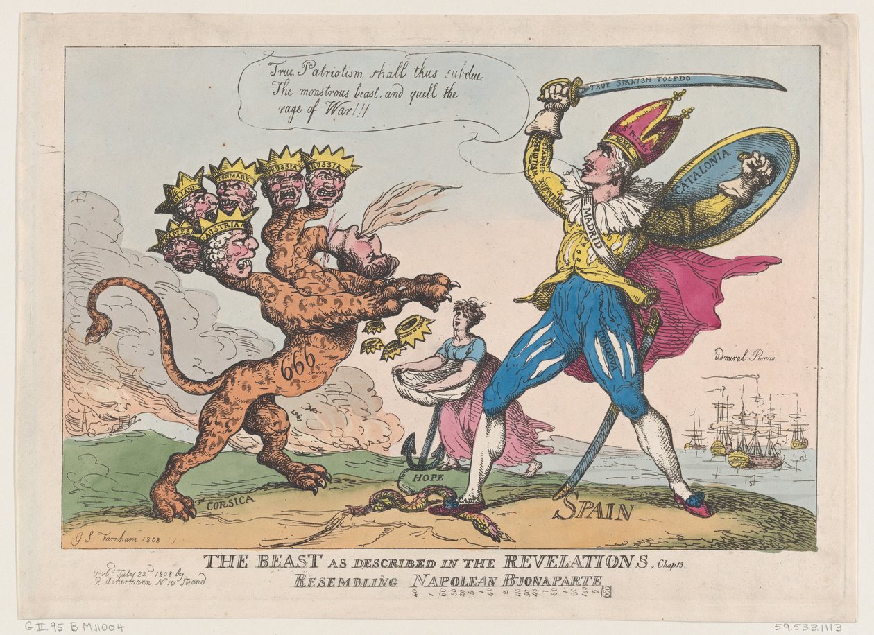 Bestie, jak je popsáno v kapitole Odhalení. 13, Připomínající Napoleona Buonaparte..., 22. července 1808. od Thomas Rowlandson