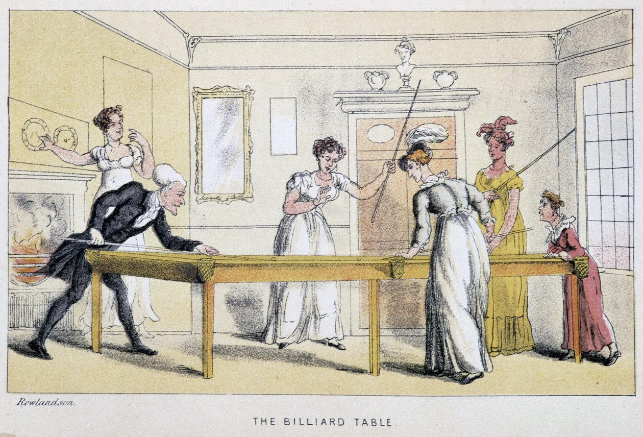 Billardův stůl ve filmu „Tři cesty doktora Syntaxe: hledání malebné útěchy a manželky“ od Williama Combe, ilustrovaný Rowlandsonem. London Edition, John Camden Hotten, Picadilly od Thomas Rowlandson