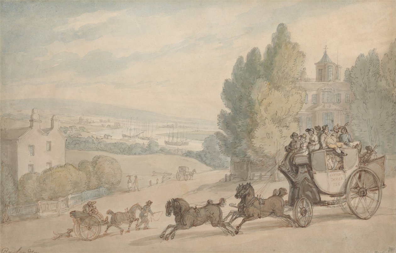 Dostavník z Canterbury do Doveru projíždí kolem hradu Vanbrugh od Thomas Rowlandson