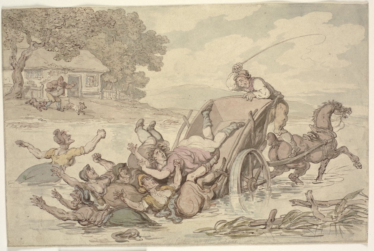 „Carter a Cikáni“: Vozík se převrátil v proudu a svrhl skupinu žen do vody od Thomas Rowlandson