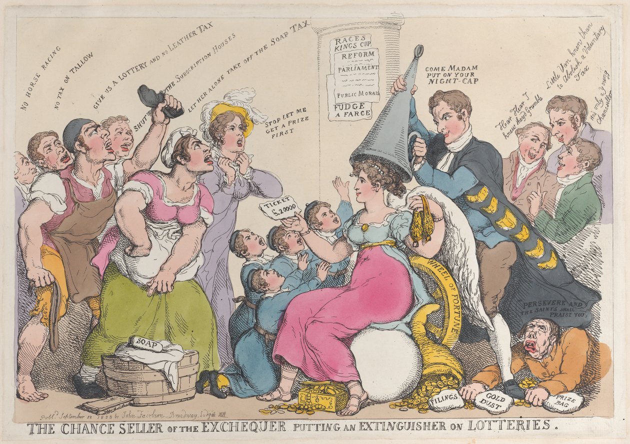 Šance prodavače státní pokladny uvedení hasícího přístroje do loterií, září..., 18. září 1823. od Thomas Rowlandson
