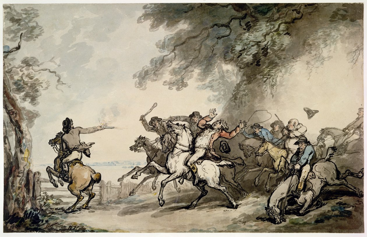 The Chase of the Highwayman, c.1790 (pero, inkoust, wc a tužka na papíře) od Thomas Rowlandson
