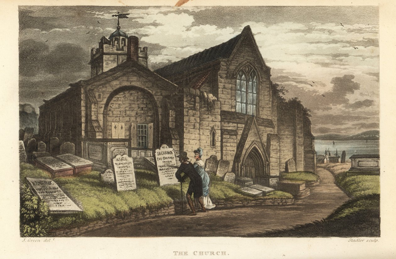 Kostel: staří turisté čtoucí náhrobky na gotickém hřbitově. Ručně kolorovaná mědirytina Thomas Rowlandson, akvatinta J.C. Stadler, podle skici J. Greena z Poetical Sketches of Scarborough, Ackermann, Londýn od Thomas Rowlandson