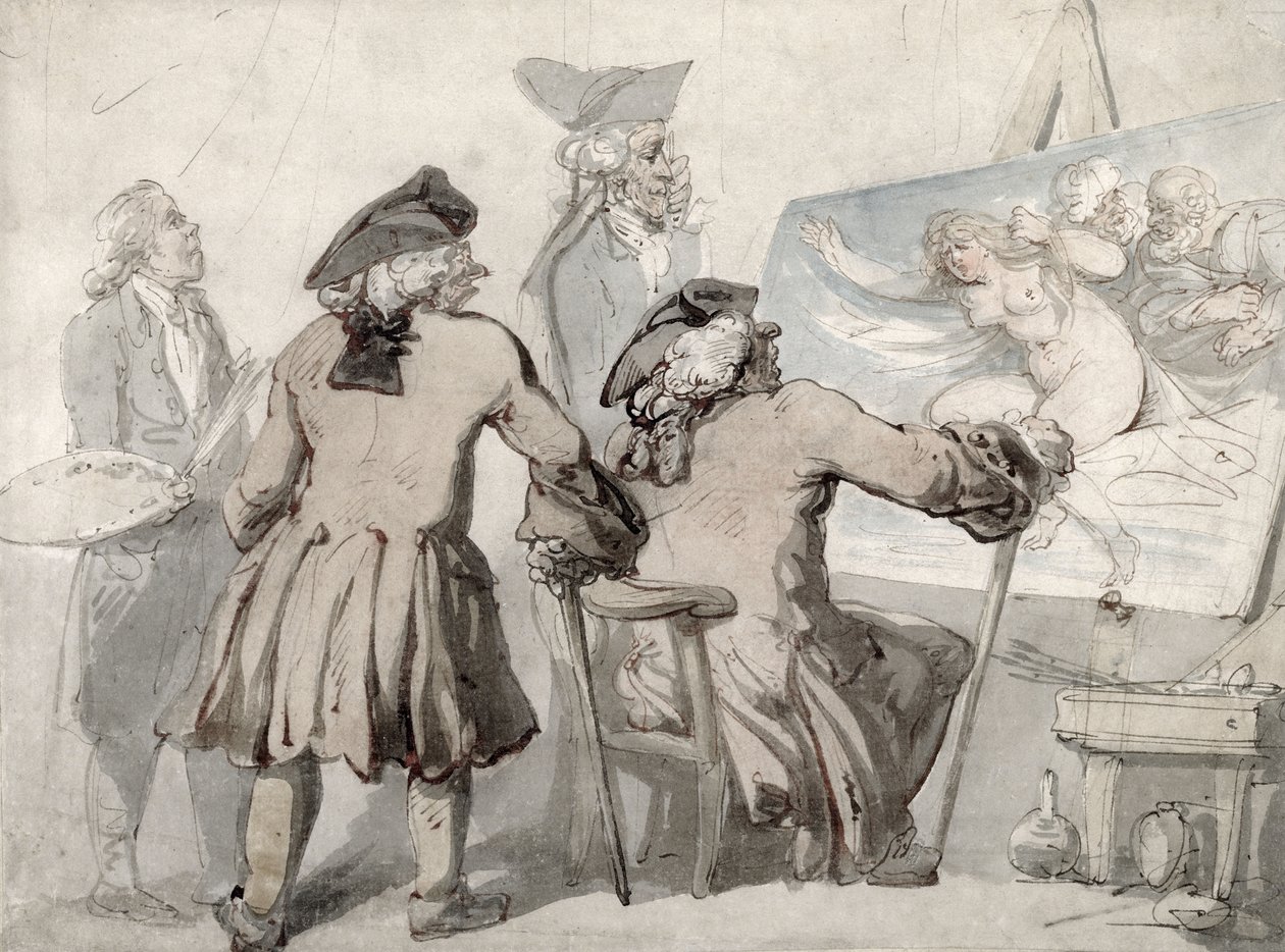 The Connoisseurs, cca 1790 (pero, inkoust a akvarel přes grafit na lepeném tkaném papíře) od Thomas Rowlandson