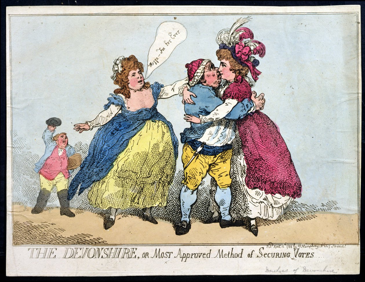 The Devonshire, nebo Most Approved Method of Securing Votes, publikoval William Humphrey v roce 1784 (ručně kolorovaný lept) od Thomas Rowlandson