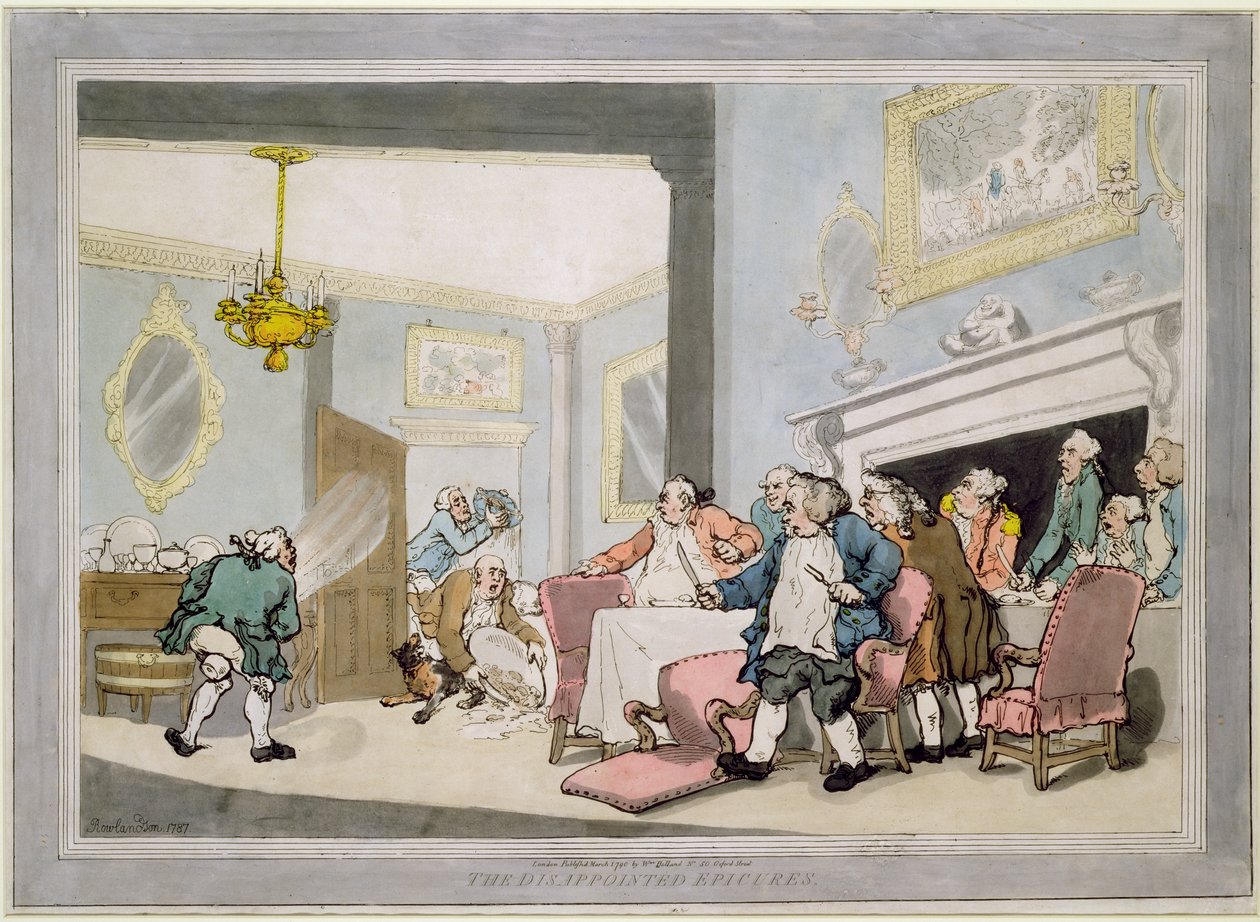 The Disappointed Epicures, pub. William Holland, 1790 (barevný lept) od Thomas Rowlandson